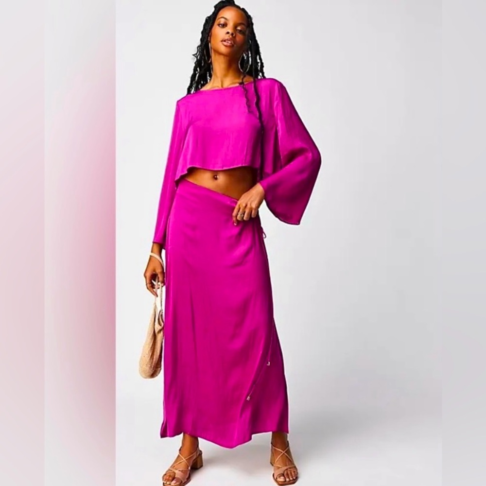 NWOT Free People Angie Satin Long Sleeve Crop Top & Skirt Set Magenta Haze Sz 10